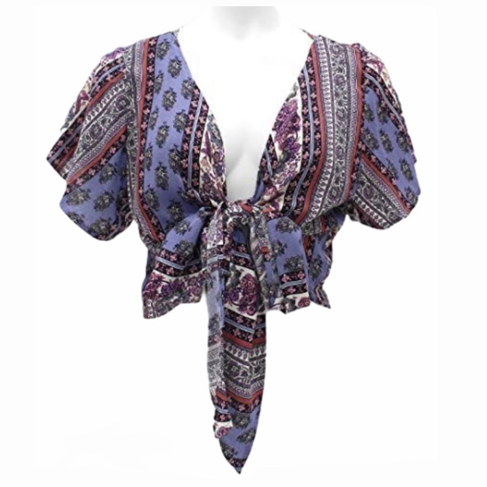 Boho Floral Mix Print Tie Wrap Front Crop Top - S